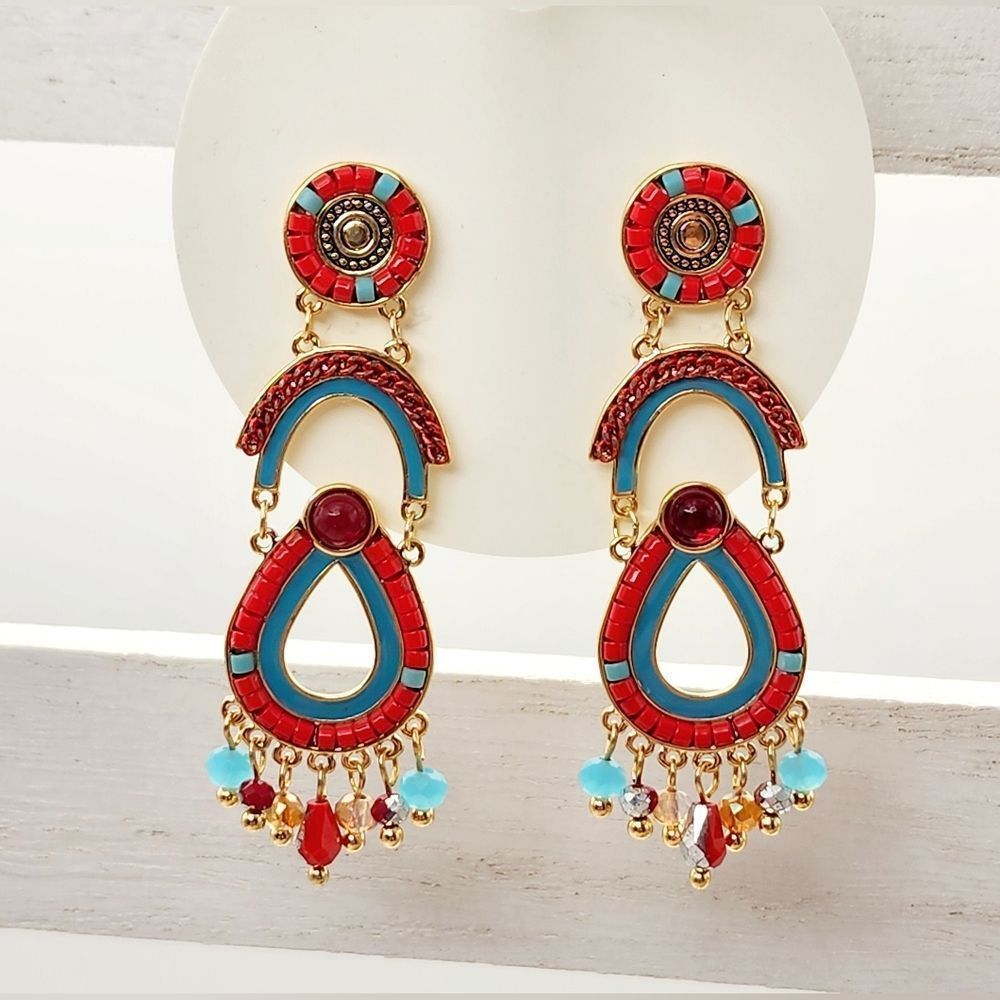 Red & Blue Beaded Gold Tone Boho Bali Dangle Earrings